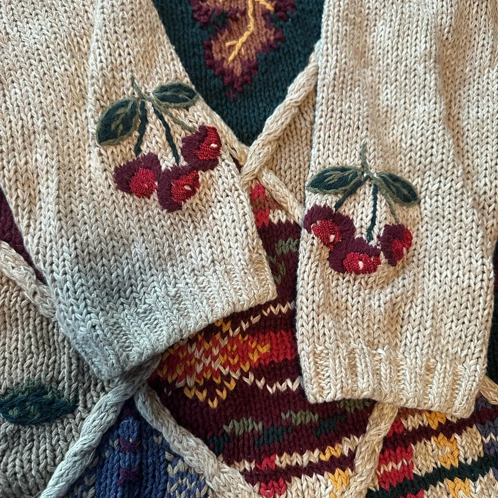 Vintage White Stag Patchwork Knit Sweater Folk Art Cottagecore M Longline Winter